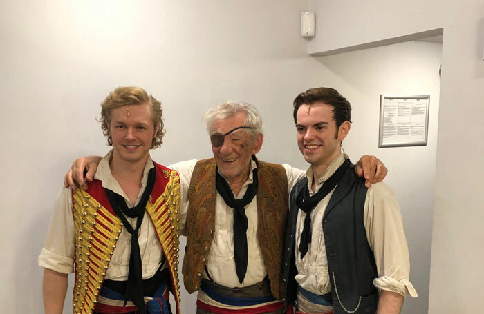 Ian McKellen with Les Miserables cast members Will Richardson and Harry Apps. Photo: Les Miserables/Twitter