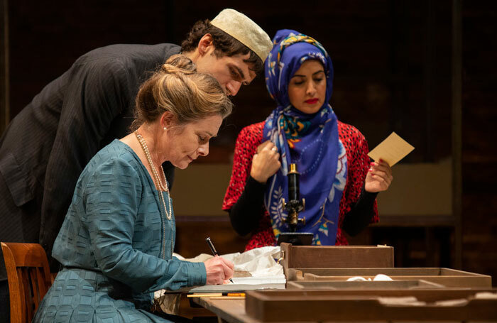 Emma Fielding, Zed Josef and Houda Echouafni in A Museum in Baghdad at the Swan Theatre, Stratford. Photo: Ellie Kurttz/RSC