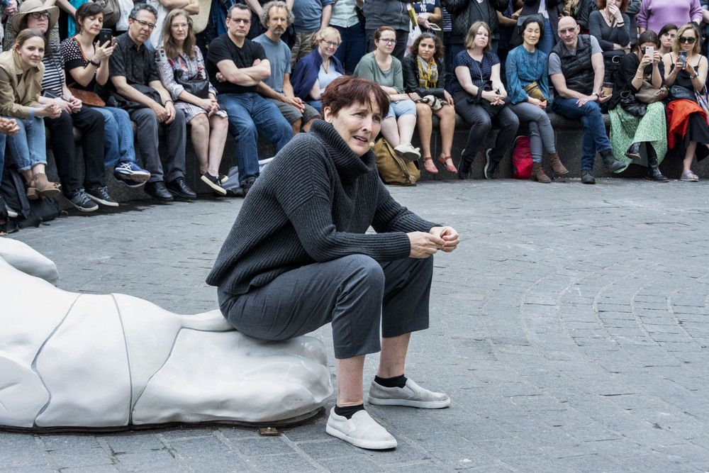 Fiona Shaw performs an excerpt from TS Eliot's The Waste Land in Madison Square Park, New York. Photo Howard Sherman