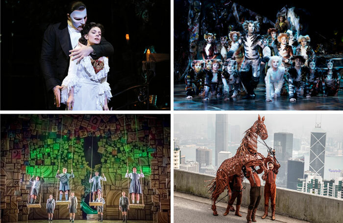 Clockwise from top left: world tours of The Phantom of the Opera (photo: Cereaal Studio), Cats (photo: Alessandro Pinna), War Horse and Matilda