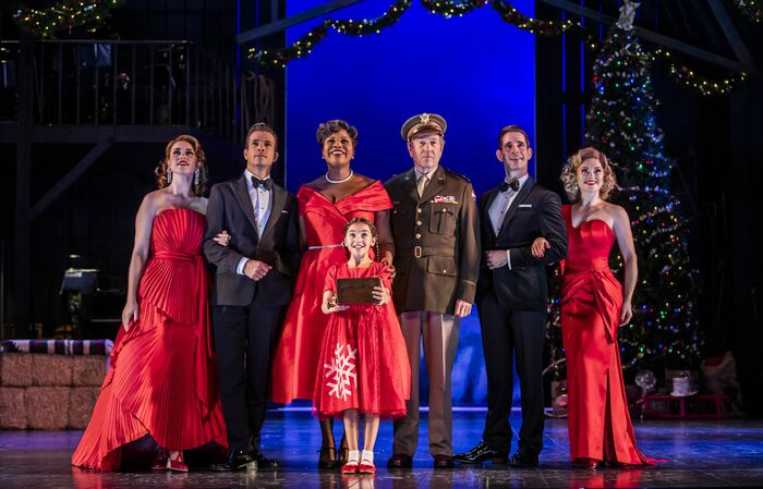 Danielle Hope, Danny Mac, Brenda Edwards, Michael Brandon, Dan Burton and Clare Halse  in White Christmas  at the Dominion Theatre. Photo: Tristram Kenton