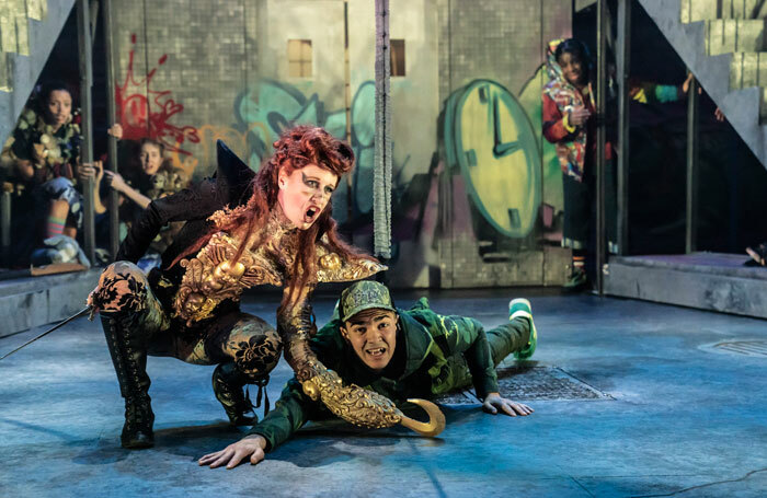 Nia Gwynne and Peter Lawrence in Peter Pan at Birmingham Rep. Photo: Johan Persson