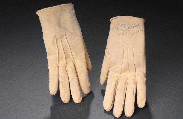 Gloves worn and signed by Laurence Olivier in London's Royal Court production of The Entertainer, 1957. Photo: University of Bristol Theatre Collection