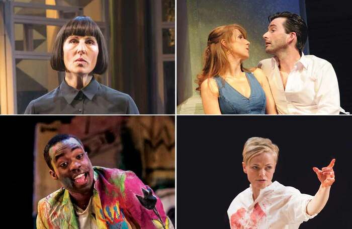 Top row: Tamsin Greig in Twelfth Night, Catherine Tate and David Tennant in Much Ado About Nothing. Photos: Marc Brenner/Tristram Kenton. Bottom row: Paapa Essiedu in Hamlet and Maxine Peake in Hamlet. Photos: Manuel Harlan/Jonathon Keenan 