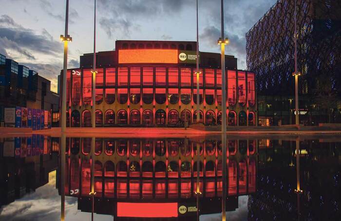 Birmingham Rep lit up earlier this year for the Light It in Red campaign. Photo: Hannah Kelly