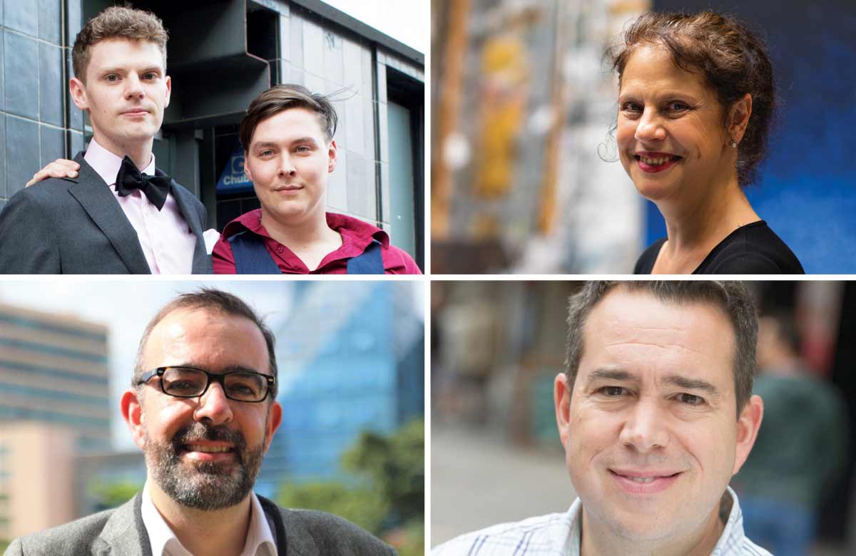 Clockwise from top left: Louis Hartshorn and Brian Hook; Hampstead Theatre's Roxana Silbert; Kenny Wax; Maltings Theatre artistic director Adam Nichols