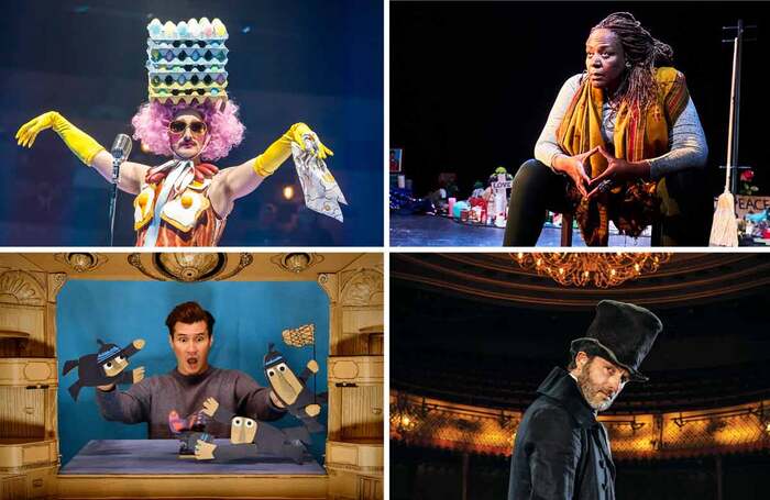 Clockwise from top left: Dick Whittington at the National Theatre; Until the Flood; A Christmas Carol at London’s Old Vic; Shh! We Have a Plan. Photos: Tristram Kenton/Alex Brenner/Helen Maybanks/Jan Capinski