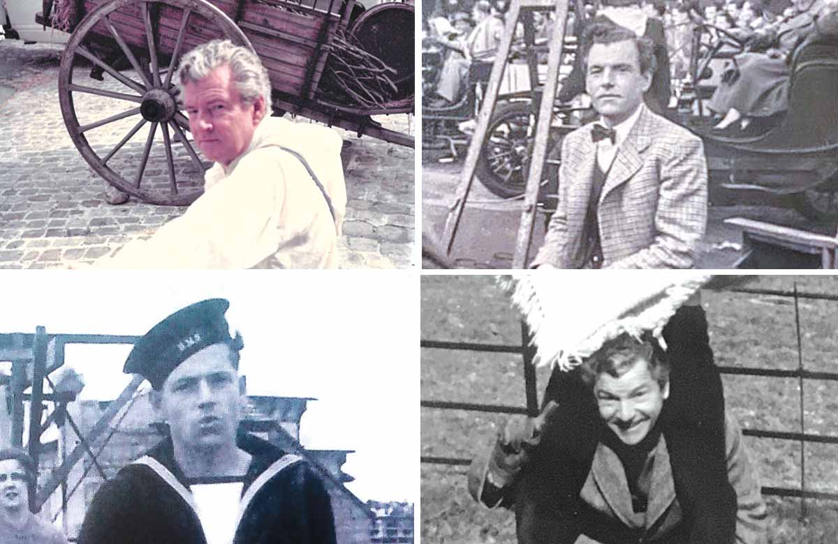 Clockwise from top left: Kenneth More on set in A Tale of Two Cities, More on the set of Genevieve, 