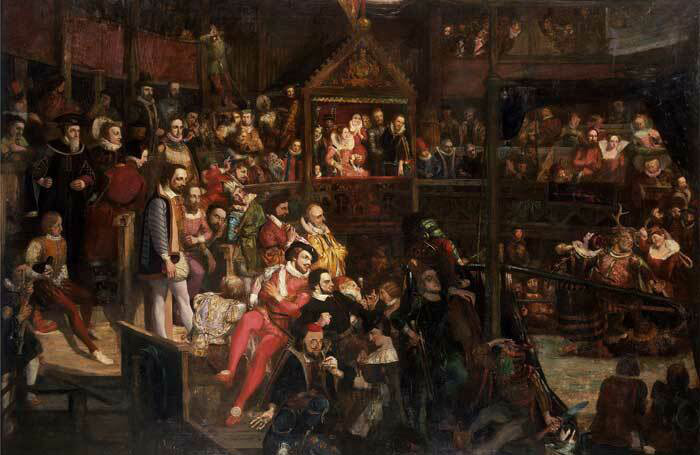 Queen Elizabeth viewing the performance of The Merry Wives of Windsor at the Globe Theatre, an oil painting by David Scott in the V&A collection, 1840