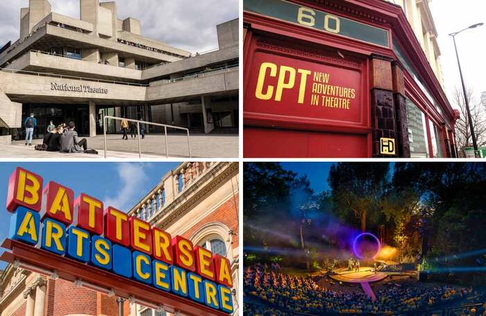 Clockwise from top left: National Theatre (Shutterstock), Camden People's Theatre, Regent's Park Open Air Theatre and Battersea Arts Centre (Morely Von Sternberg)