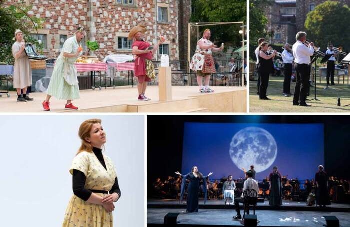 Clockwise from top left: In the Market for Love; LPO open-air concert; The Magic Flute in October 2020; Katerina Knezikova rehearsing for Kata Kabanova. Photos: Richard Hubert Smith/Sam Stephenson/Bill Cooper