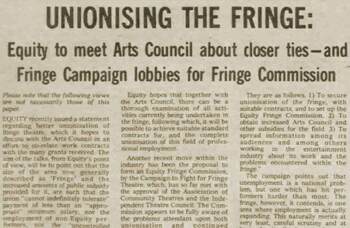 Equity attempts to unionise the UK’s fringe sector – 45 years ago in The Stage