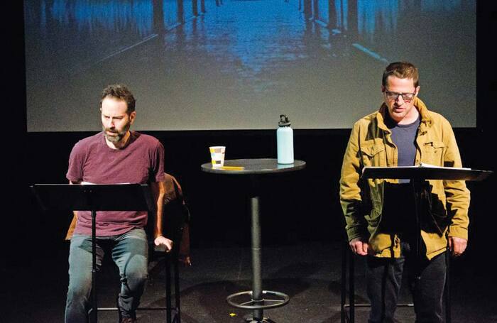 Dan O’Brien (left) and Tim Guinee in a workshop at the Playwrights’ Center in Minneapolis in October 2019 for O’Brien’s play New Life. Photo: Paula Keller