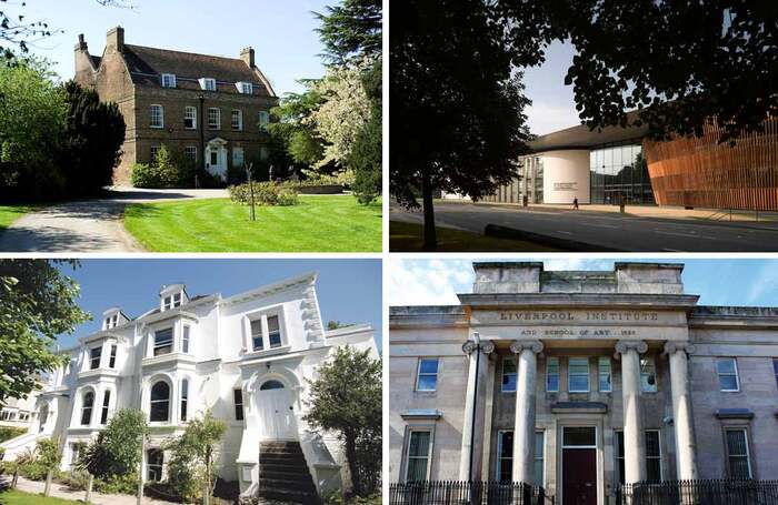 Clockwise from top left: East 15, Royal Welsh College of Music and Drama, LIPA and Bristol Old Vic Theatre School