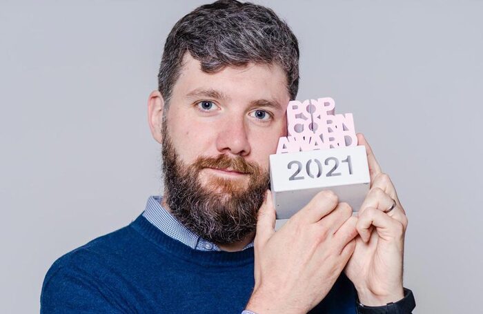 Michael John O’Neill with the Popcorn Writing Award. Photo: Euan Cherry