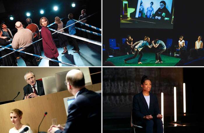 Clockwise from top left: London Road; Breach Theatre’s The Beanfield; Lament for Sheku Bayoh; Justifying War. Photos: Tristram Kenton/The Other Richard/Mihaela Bodlovic