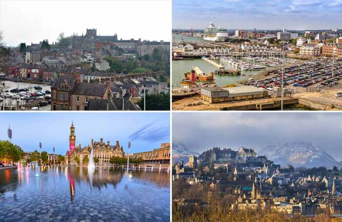 Longlisted locations for UK City of Culture 2025, clockwise from top left: Armagh, Southampton, Stirling and Bradford. Photos: Shutterstock