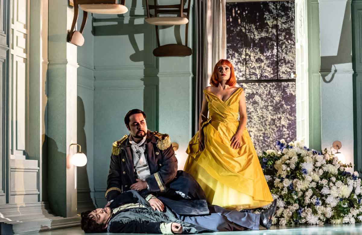 Leon Kim (on floor), Luciano Ganci and Anne Sophie Duprels in Edmea at the National Opera House, Wexford. Photo: Clive Barda