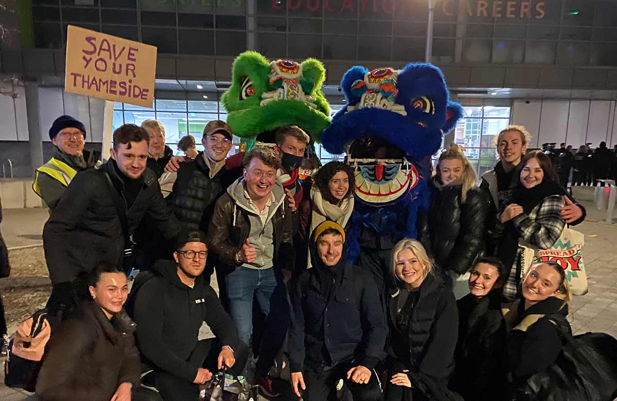 Protestors outside Thameside Theatre