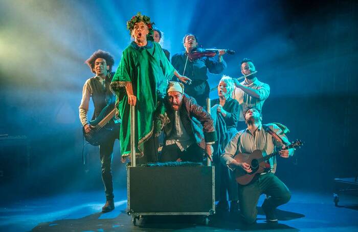 Benjamin Osugo, Irene Macdougall, Stephanie Cremona, Ewan Donald, Charlotte Grayson, Ann Louise Ross, Charlie West and Mark Scott in A Christmas Carol at Dundee Rep. Photo: Tommy Ga-Ken Wan