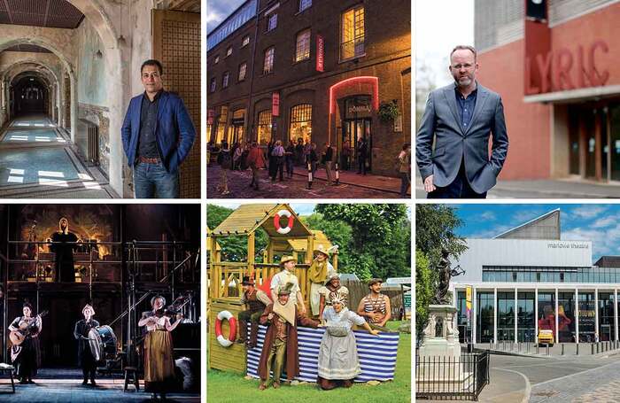 Clockwise from top left: Battersea Arts Centre, Donmar Warehouse, Lyric Theatre, Belfast, Marlowe Theatre, Pitlochry Festival Theatre and Gin Craze! at Royal and Derngate. Photos: Morley von Sternberg, Richard Davenport, Jonathan Porter / Press Eye, Shutterstock, Douglas McBride and Ellie Kurttz