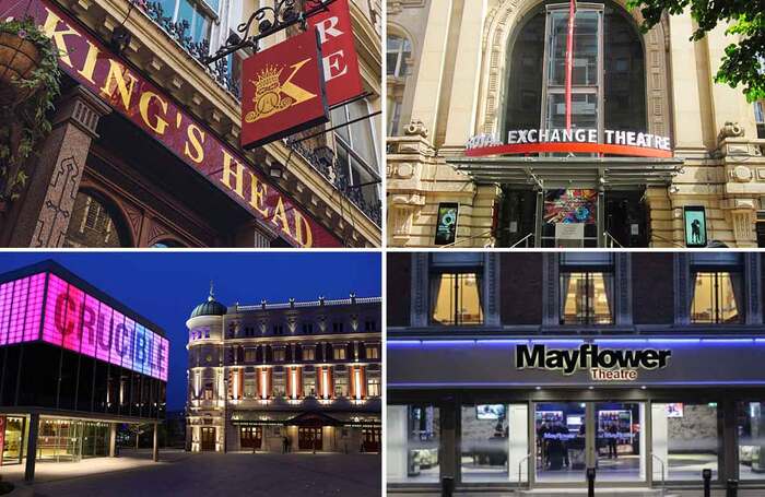 Clockwise from top left: London's King's Head Theatre, Manchester Royal Exchange, Southampton Mayflower and Sheffield Theatres are among theatres that will continue to request mask wearing. Photos: Simon J Webb/Catherine Gerbrands/Hampshireattractions.com/Craig Fleming 