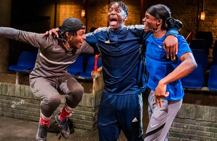 Francis Lovehall, Emeka Sesay and Kedar Williams-Stirling in Red Pitch at Bush Theatre, London. Photo: Tristram Kenton