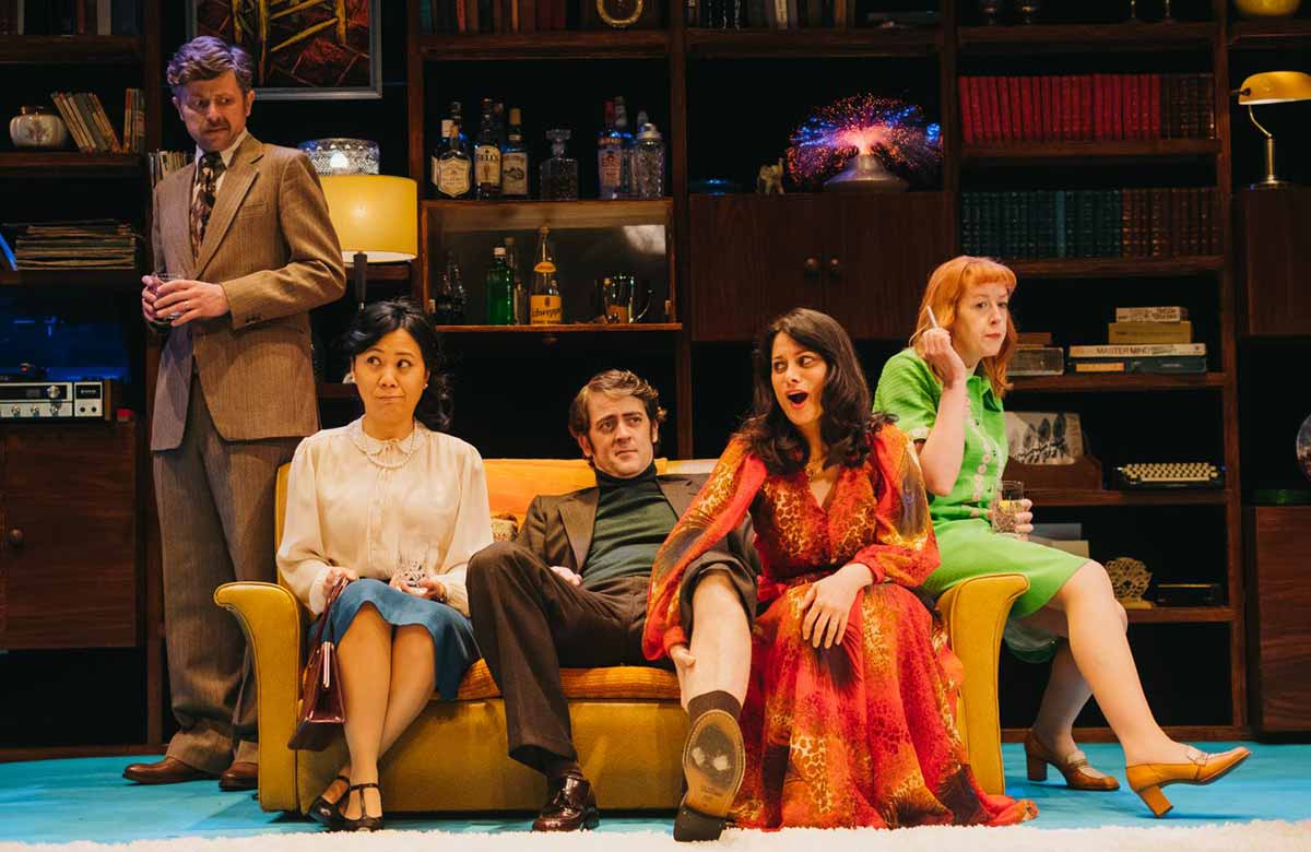 Orlando Wells, Tina Chiang, Max Gell, Goldy Notay and Victoria Brazier in Abigail's Party at Watford Palace Theatre. Photo: Greta Zabulyte