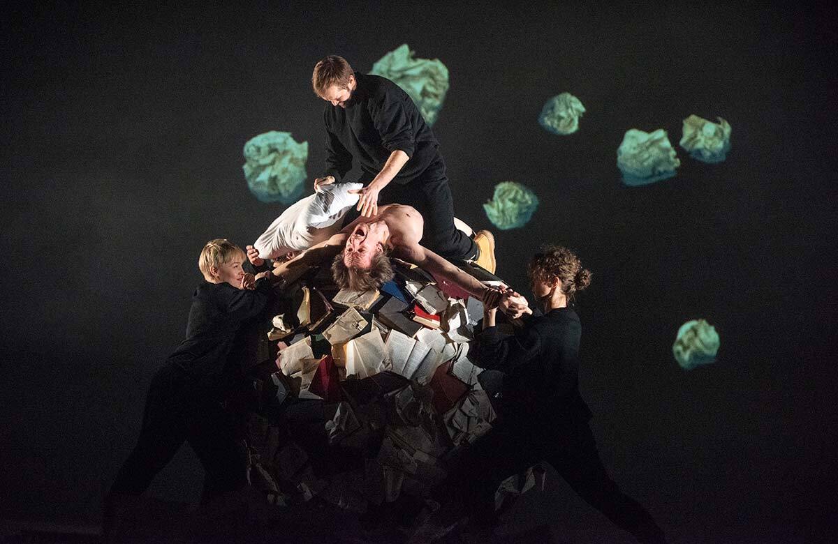 Pavel Haradnitski, Maryna Yakubovich, Ilya Yasinski and Stanislava Shablinskaya in Dogs of Europe by Belarus Free Theatre at the Barbican. Photo: Linda Nylind