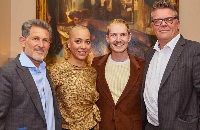 Trustee chair Josh Berger, alumni Cush Jumbo and Dan Gillespie Sells, and principal Stuart Worden at the campaign launch event at Theatre Royal Drury Lane