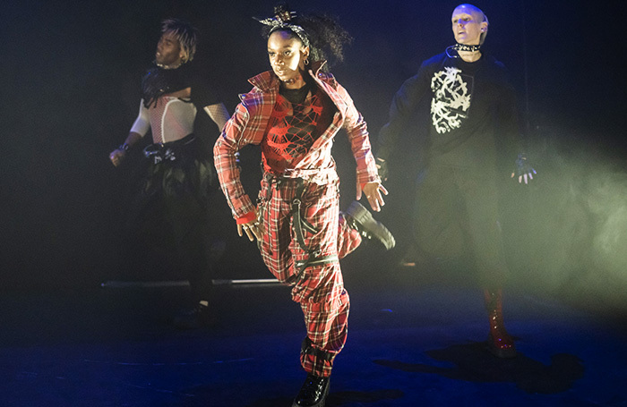 Malik Nashad Sharpe, Blue Makwana and Eve Stainton in He's Dead at Battersea Arts Centre. Photo: Tristram Kenton