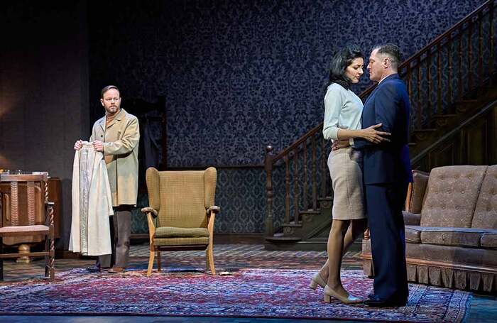 Sam Alexander, Shanaya Rafaat and Mathew Horne in The Homecoming at Bath Theatre Royal. Photo: Manuel Harlan