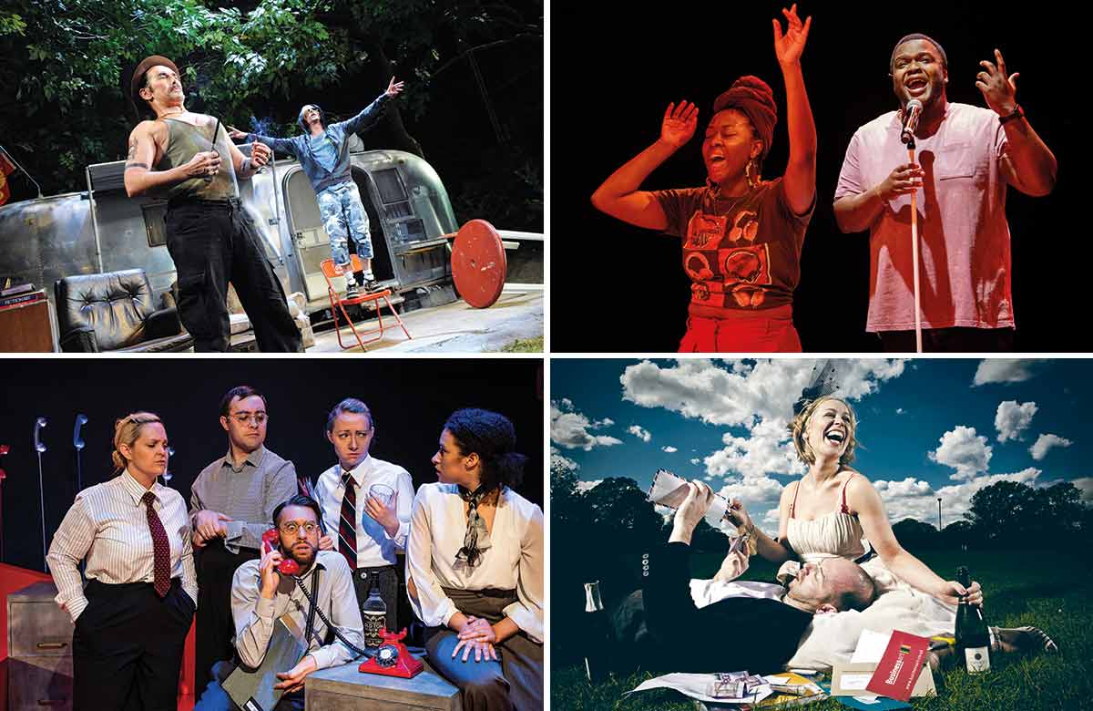 Mark Rylance and Mackenzie Crook in Jerusalem, Nicholle Cherrie and Nathan Queeley-Dennis in Black Love, Operation Mincemeat and Cora Bissett and Matthew Pidgeon in Midsummer. Photos: Tristram Kenton/Camilla Greenwell/Alex Harvey-Brown/Euan Myles