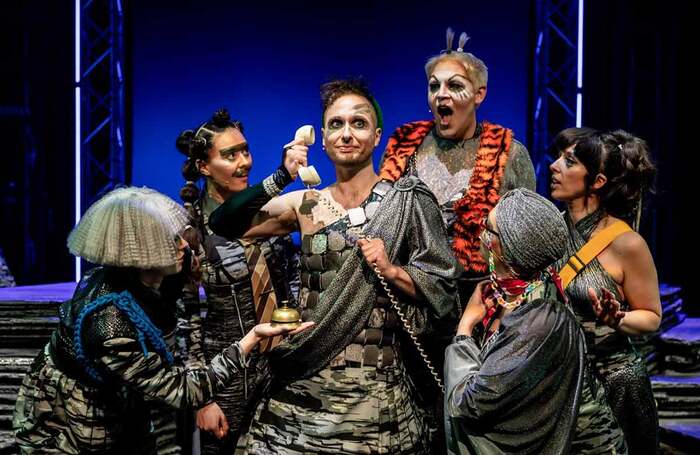 Seiriol Davies (centre) and company of Milky Peaks at Theatr Clwyd, Mold. Photo: Ffotonant