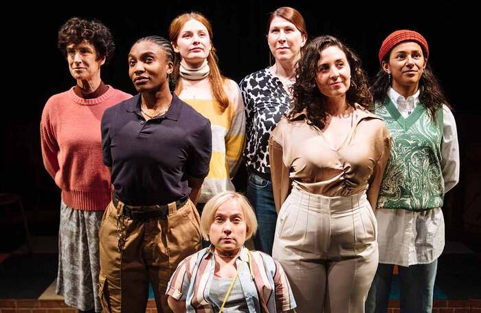 The cast (back row, l-r: Shuna Snow, Claudia Jolly, Mariah Louca, Fanta Barrie; middle row, l-r: Kibong Tanji, Lara Sawalha; front: Kiruna Stamell) in The Ministry of Lesbian Affairs at Soho Theatre. Photo: Helen Murray