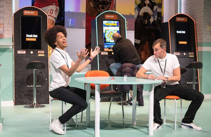 Benjamin Osugo, Barrie Hunter and Ewan Donald in The Bookies at Dundee Rep Theatre. Photo: Tommy Ga-Ken Wan