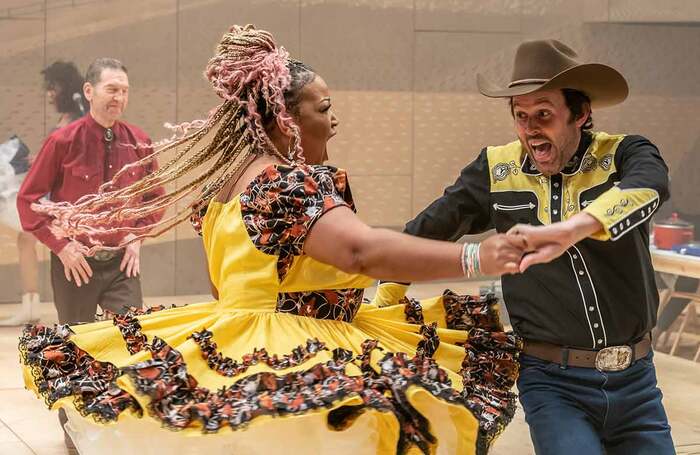 Marisha Wallace and James Davis with Greg Hicks (back left) in Daniel Fish’s radical revamp of Rodgers and Hammerstein’s Oklahoma! at London’s Young Vic theatre