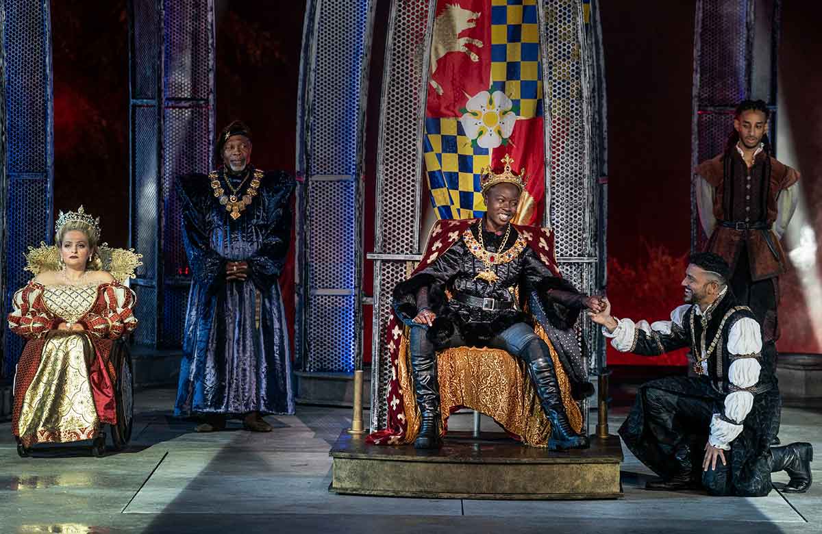 Ali Stroker, Michael Potts, Danai Gurira, Sanjit De Silva and Xavier Pacheco in Richard III at the Delacorte Theater in Central Park. Photo: Joan Marcus