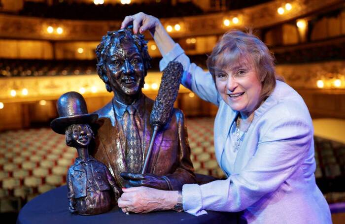 Lady Dodd with the new statue of Ken Dodd at Blackpool Grand Theatre