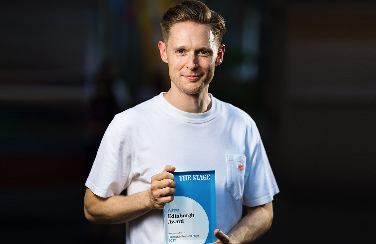 Samuel Barnett with the first The Stage Edinburgh Award. Photo: Alex Brenner