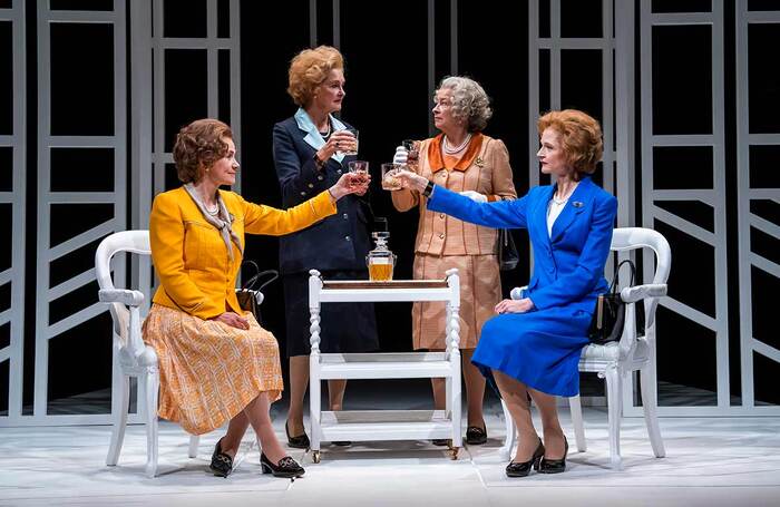 Abigail Cruttenden, Kate Fahy, Marion Bailey and Naomi Frederick in Handbagged at the Kiln Theatre, London. Photo: Tristram Kenton