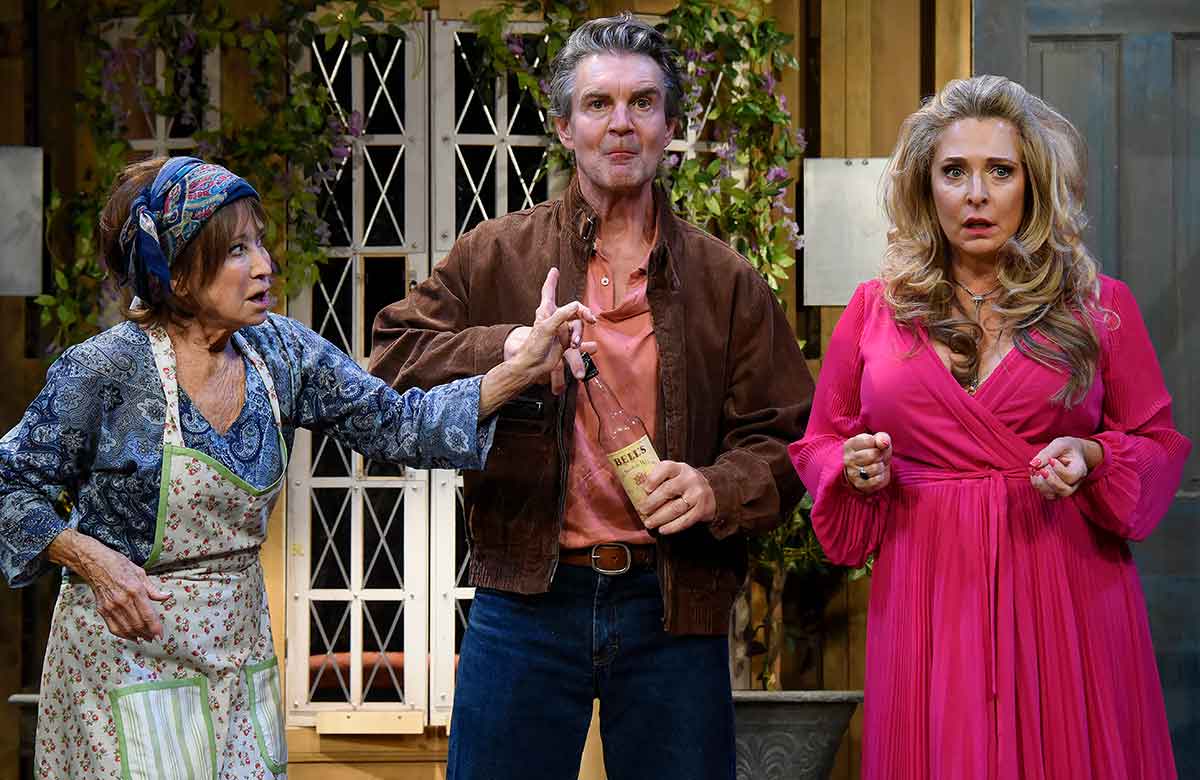 Felicity Kendal, Alexander Hanson and Tracy-Ann Oberman in Noises Off at Theatre Royal Bath. Photo: Nobby Clark