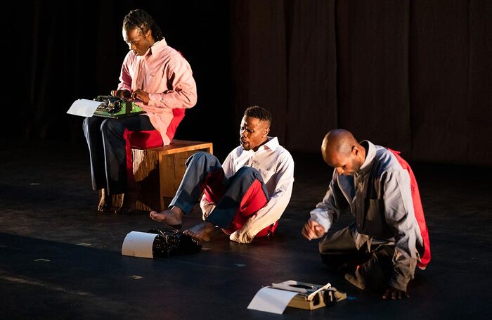 Micca Manganye, Vusi Mdoyi and Muzi Shili in Footnotes, part of To What End at Barbican Pit, London. Photo: Jemima Yong