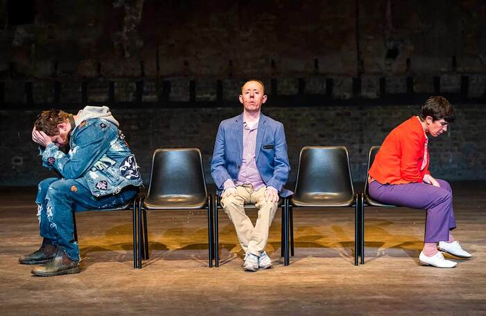 Scott Price, Simon Laherty and Sarah Mainwaring in The Shadow Whose Prey the Hunter Becomes at Battersea Arts Centre, London. Photo: Tristram Kenton