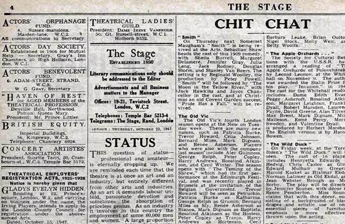 Clipping from the October 23, 1947 edition of The Stage