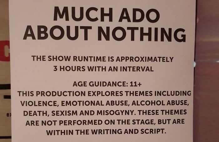 The content warning for Ramps on the Moon's production of Much Ado About Nothing at Theatre Royal Stratford East. Photo: Twitter