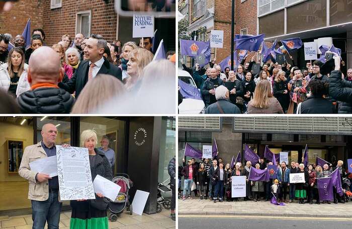 Top: protests in London, with Equity general secretary Paul W Fleming addressing the assembled (left); bottom: protests in Manchester, where Equity's Paul Liversey and Julie Hesmondhalgh spoke out (left)