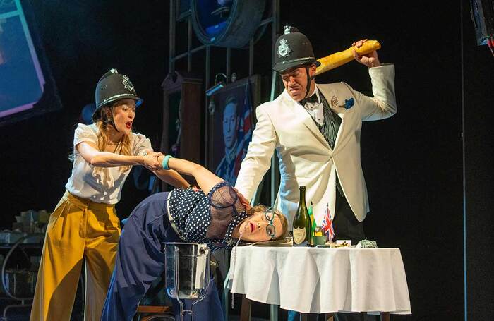 Victoria Blunt, Tessa Churchard and Tim Sutton in The Lavender Hill Mob at Richmond Theatre, London. Photo:Hugo Glendinning