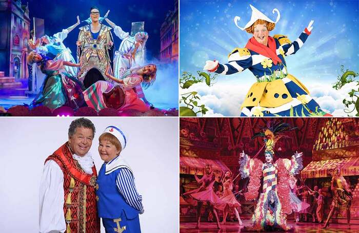 Clockwise from top left: Cinderella at Theatre Royal Plymouth, produced by Michael Harrison; Richard Gauntlett in Jack and the Beanstalk; The Krankies in previous pantomimes. Photo: Alastair Muir/Norwich Theatre Royal/ Graeme Braidwood