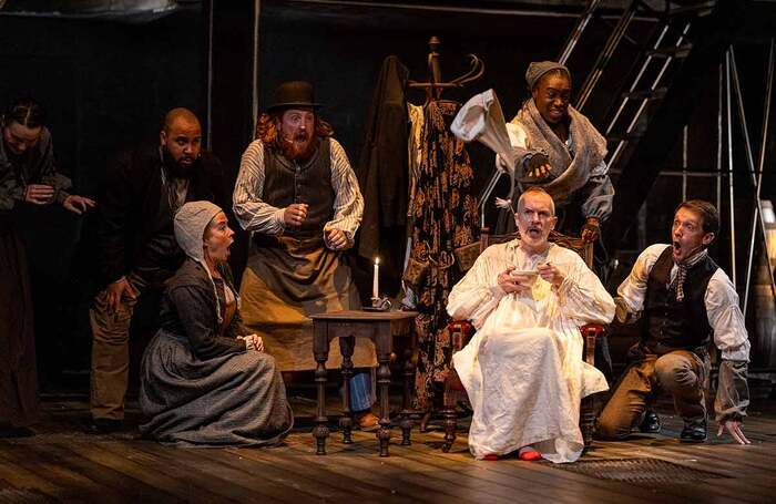 Emma Prendergast, Jordan Castle, Lisa Howard, Adam Bassett, Jack Lord, Cynthia Emeagi and Mark Donald in A Christmas Carol at Hull Truck Theatre. Photo: Ian Hodgson